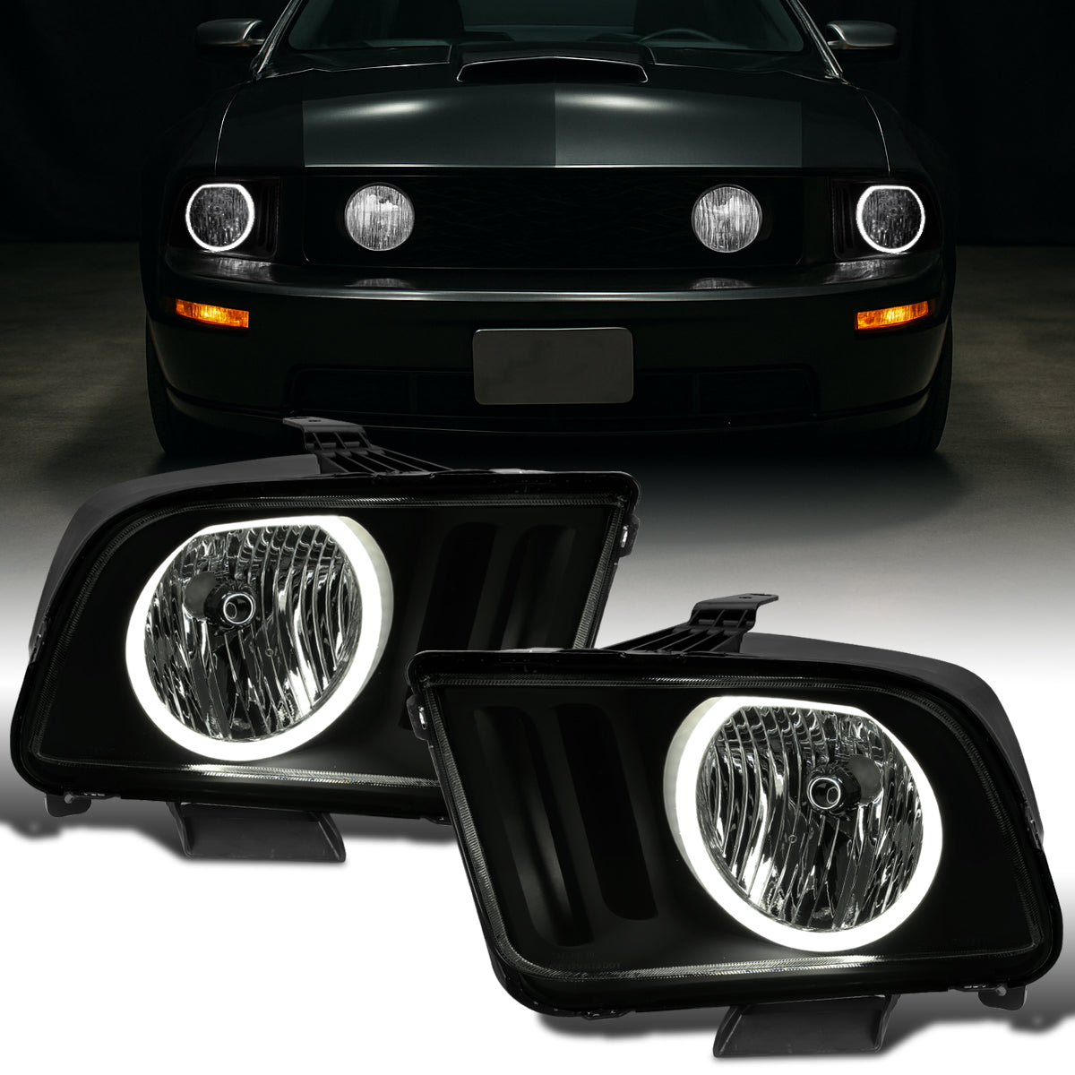 Ronnin - Conjunto de faros delanteros halógenos con aro LED para Ford Mustang 2005-2009 | Negro ahumado