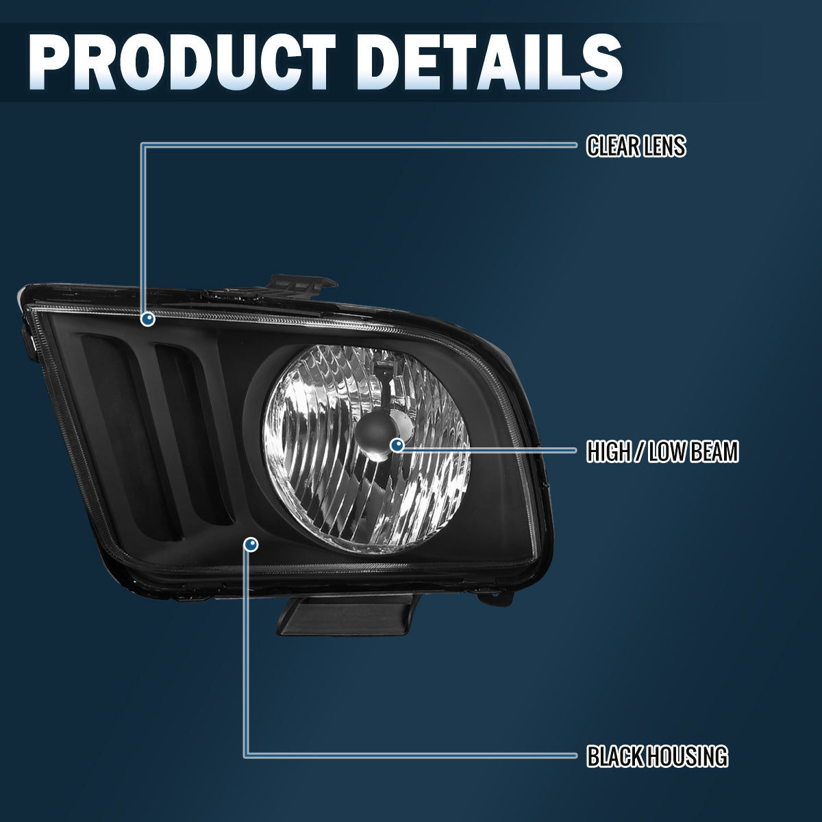 Ronnin - Compatible con Ford Mustang 2005-2009 | Par de faros delanteros halógenos de repuesto | Negros