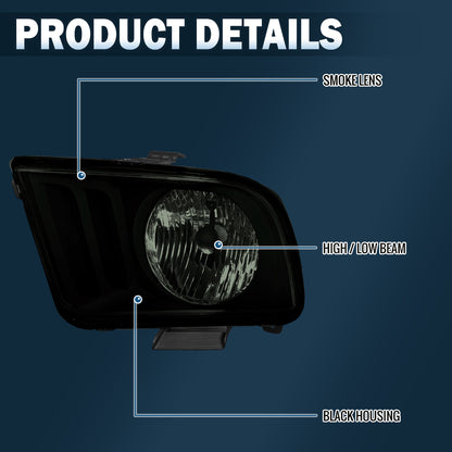 Ronnin - Compatible con Ford Mustang 2005-2009, par de faros halógenos de repuesto | Negro Ahumado