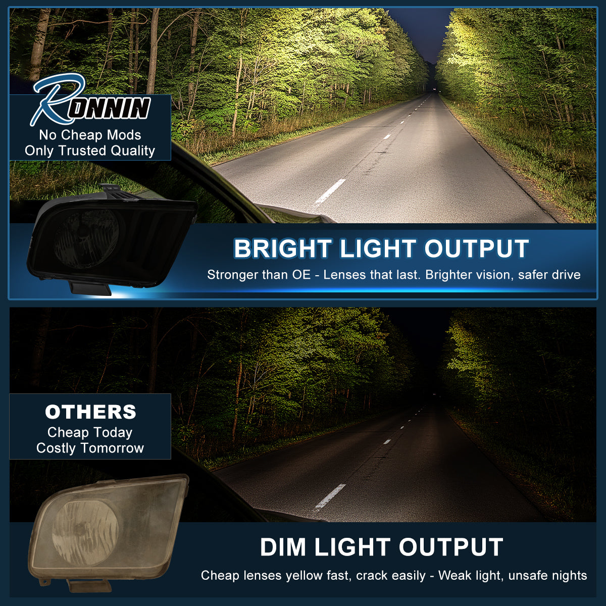 Ronnin - Compatible con Ford Mustang 2005-2009, par de faros halógenos de repuesto | Negro Ahumado
