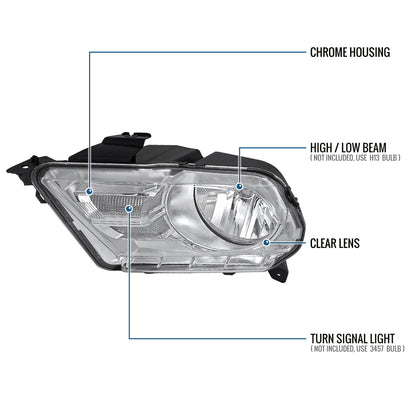 Ronnin - Fits 2010-2014 Ford Mustang Headlights Assembly Head Lamps Replacement Pair | Chrome