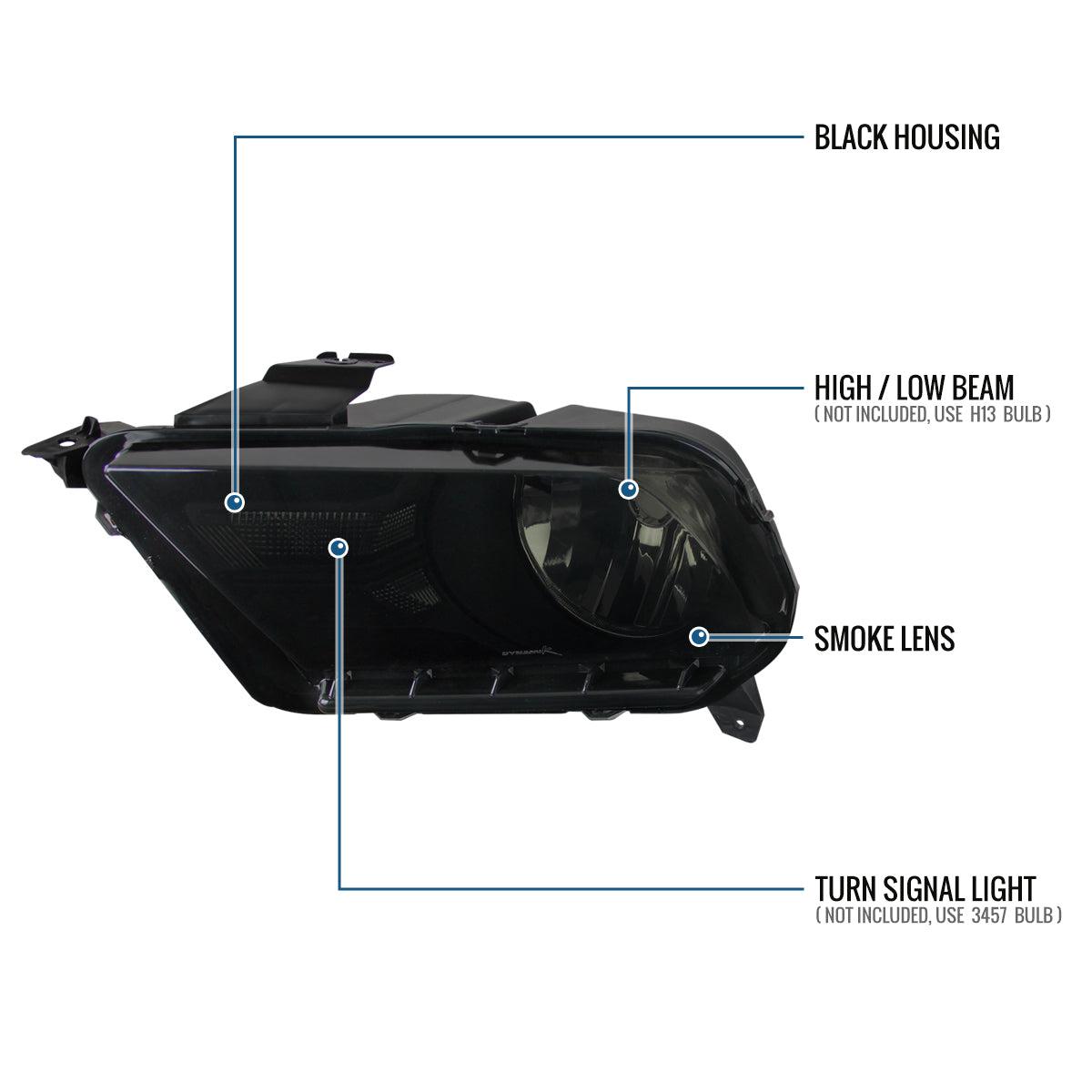 Ronnin - Fits 2010-2014 Ford Mustang Headlights Assembly Head Lamps Replacement Pair | Smoke