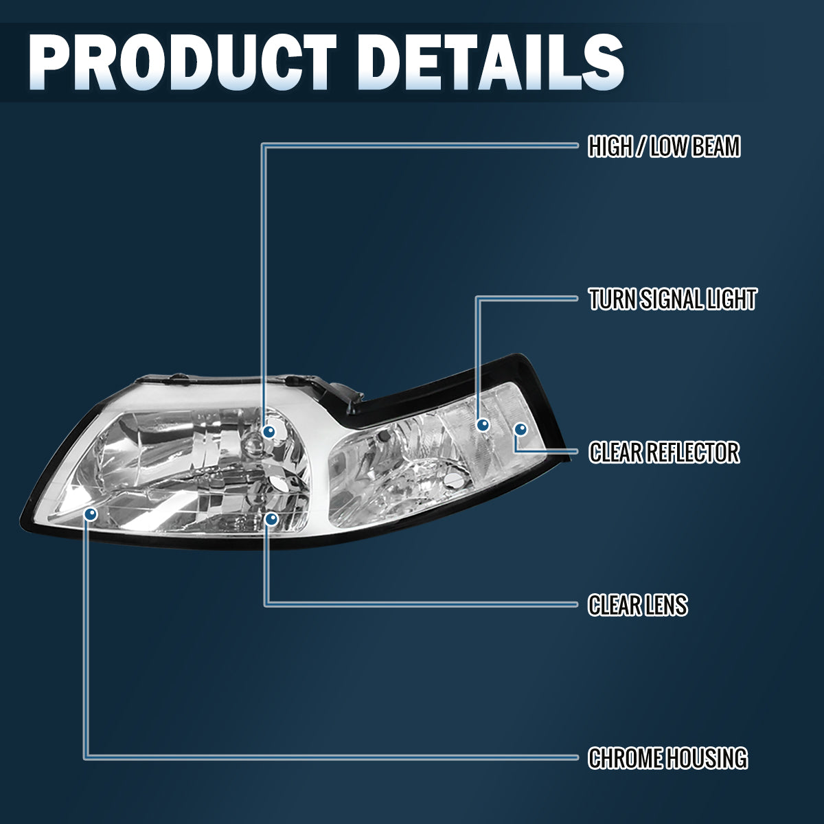 Ronnin - Faros delanteros de repuesto de fábrica con reflector transparente para Ford Mustang 1999-2004, par | Cromo