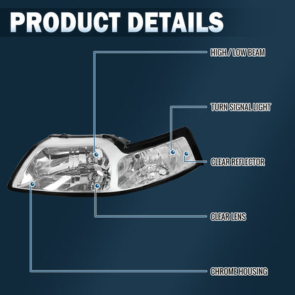 Ronnin - Faros delanteros de repuesto de fábrica con reflector transparente para Ford Mustang 1999-2004, par | Cromo