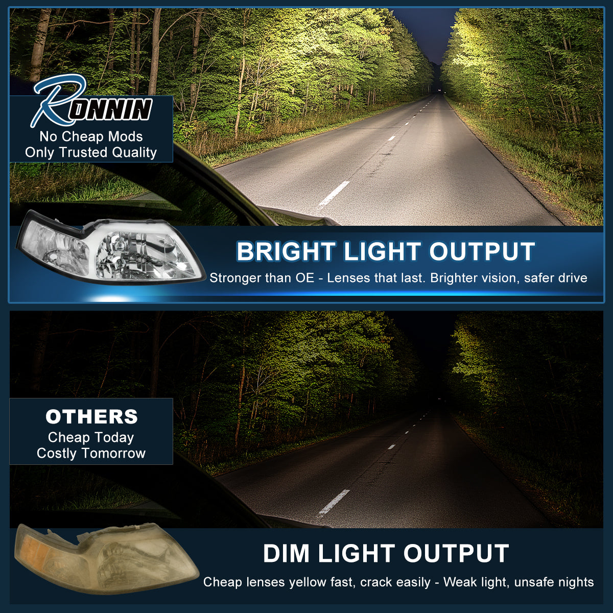 Ronnin - Faros delanteros de repuesto de fábrica con reflector transparente para Ford Mustang 1999-2004, par | Cromo