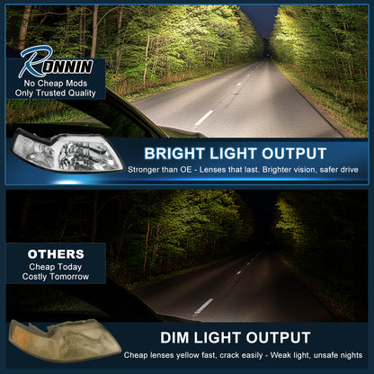 Ronnin - Faros delanteros de repuesto de fábrica con reflector transparente para Ford Mustang 1999-2004, par | Cromo