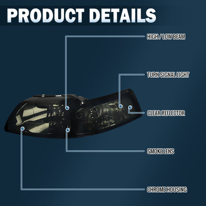 Ronnin - Conjunto de faros delanteros de repuesto con reflector transparente para Ford Mustang 1999-2004, par | Ahumado