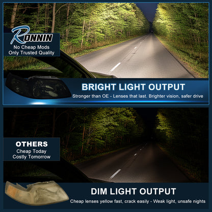 Ronnin - Conjunto de faros delanteros de repuesto con reflector transparente para Ford Mustang 1999-2004, par | Ahumado