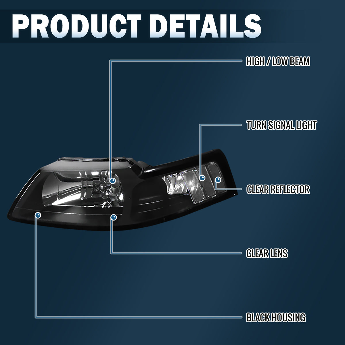 Ronnin - Conjunto de faros delanteros de repuesto con reflectores transparentes para Ford Mustang de 1999-2004, par | Negro