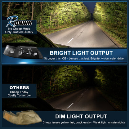 Ronnin - Conjunto de faros delanteros de repuesto con reflectores transparentes para Ford Mustang de 1999-2004, par | Negro
