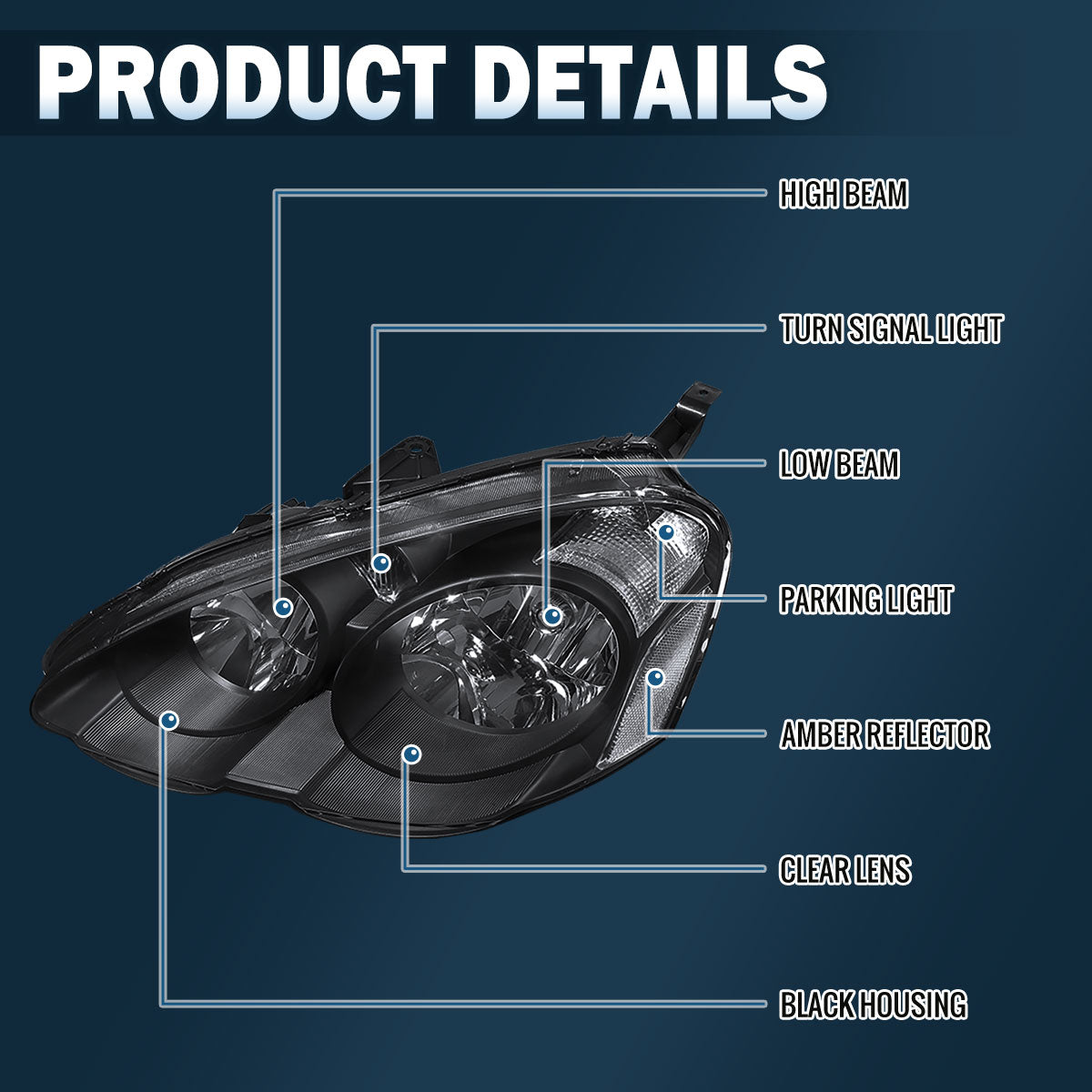 Ronnin - Faros delanteros de repuesto con reflector transparente para Acura RSX 2002-2004, par | Negro