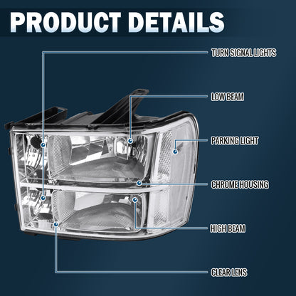 2007-2014 GMC Sierra 1500 1500HD 2500HD 3500HD Denali  Replacement Headlights Assembly Pair | Chrome