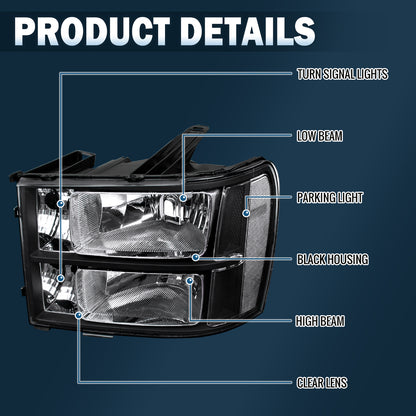 2007-2014 GMC Sierra 1500 1500HD 2500HD 3500HD Denali  Replacement Headlights Assembly Pair | Black