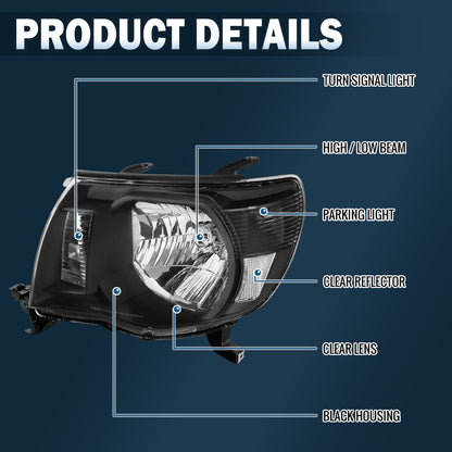 Ronnin - Se adapta a Toyota Tacoma 2005-2011, par de faros delanteros de repuesto con reflector transparente | Negro