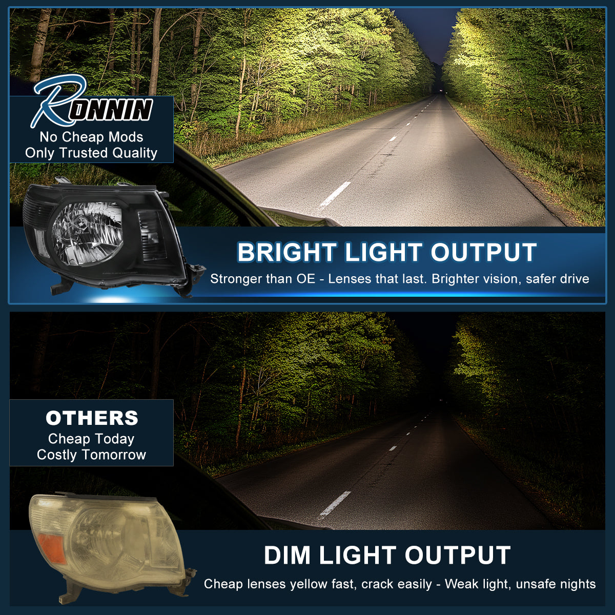 Ronnin - Se adapta a Toyota Tacoma 2005-2011, par de faros delanteros de repuesto con reflector transparente | Negro