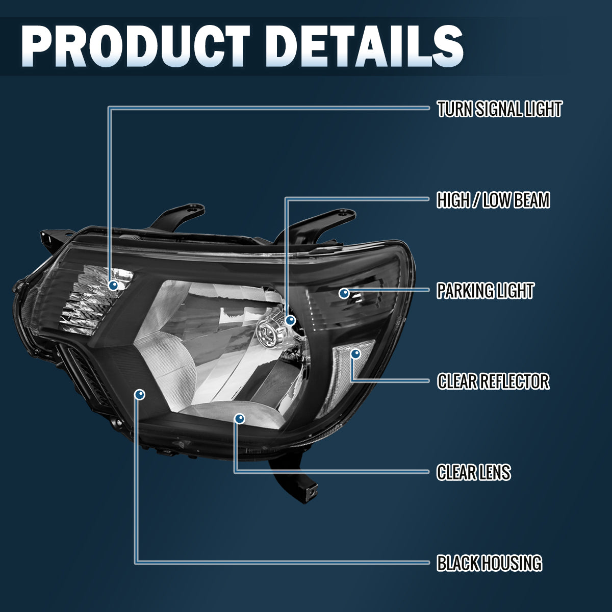 Ronnin - Conjunto de faros delanteros de repuesto con reflector transparente para Toyota Tacoma 2012-2015, par | Negro