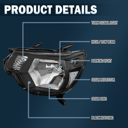 Ronnin - Conjunto de faros delanteros de repuesto con reflector transparente para Toyota Tacoma 2012-2015, par | Negro