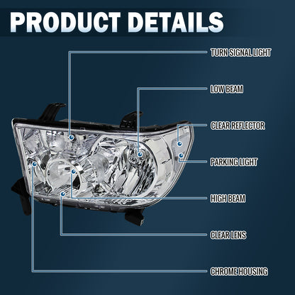 Ronnin - Conjunto de faros delanteros de repuesto de fábrica con reflectores transparentes para Toyota Tundra Sequoia 2007-2017 | Cromados