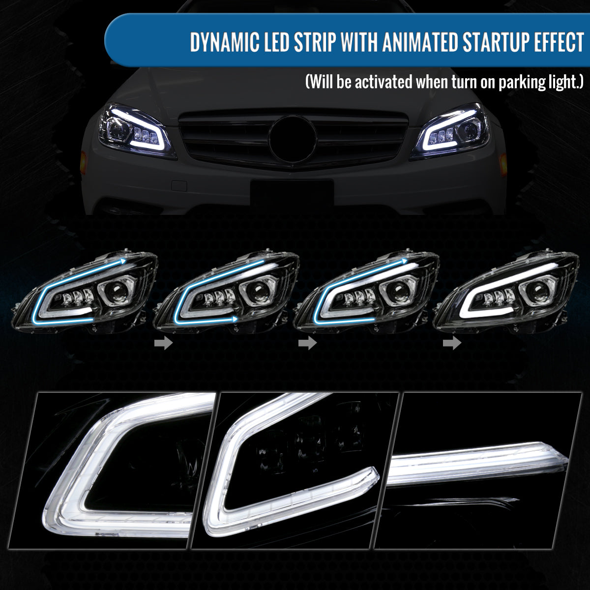Ronnin - Fits 2008-2011 Mercedes Benz W204 C-Class Full LED Projector Headlights Sequential Signal + Animated Startup Effect Replacement Pair | Glossy Black