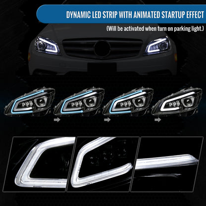 Ronnin - Fits 2008-2011 Mercedes Benz W204 C-Class Full LED Projector Headlights Sequential Signal + Animated Startup Effect Replacement Pair | Glossy Black