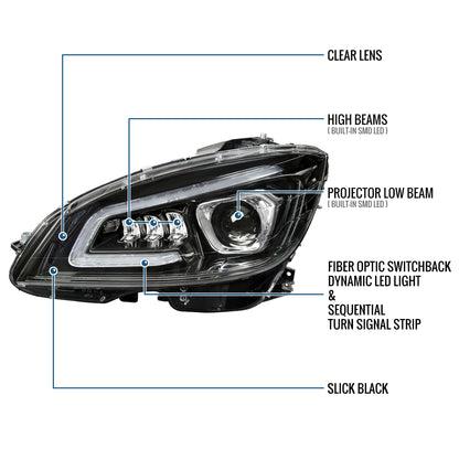 Ronnin - Fits 2008-2011 Mercedes Benz W204 C-Class Full LED Projector Headlights Sequential Signal + Animated Startup Effect Replacement Pair | Glossy Black