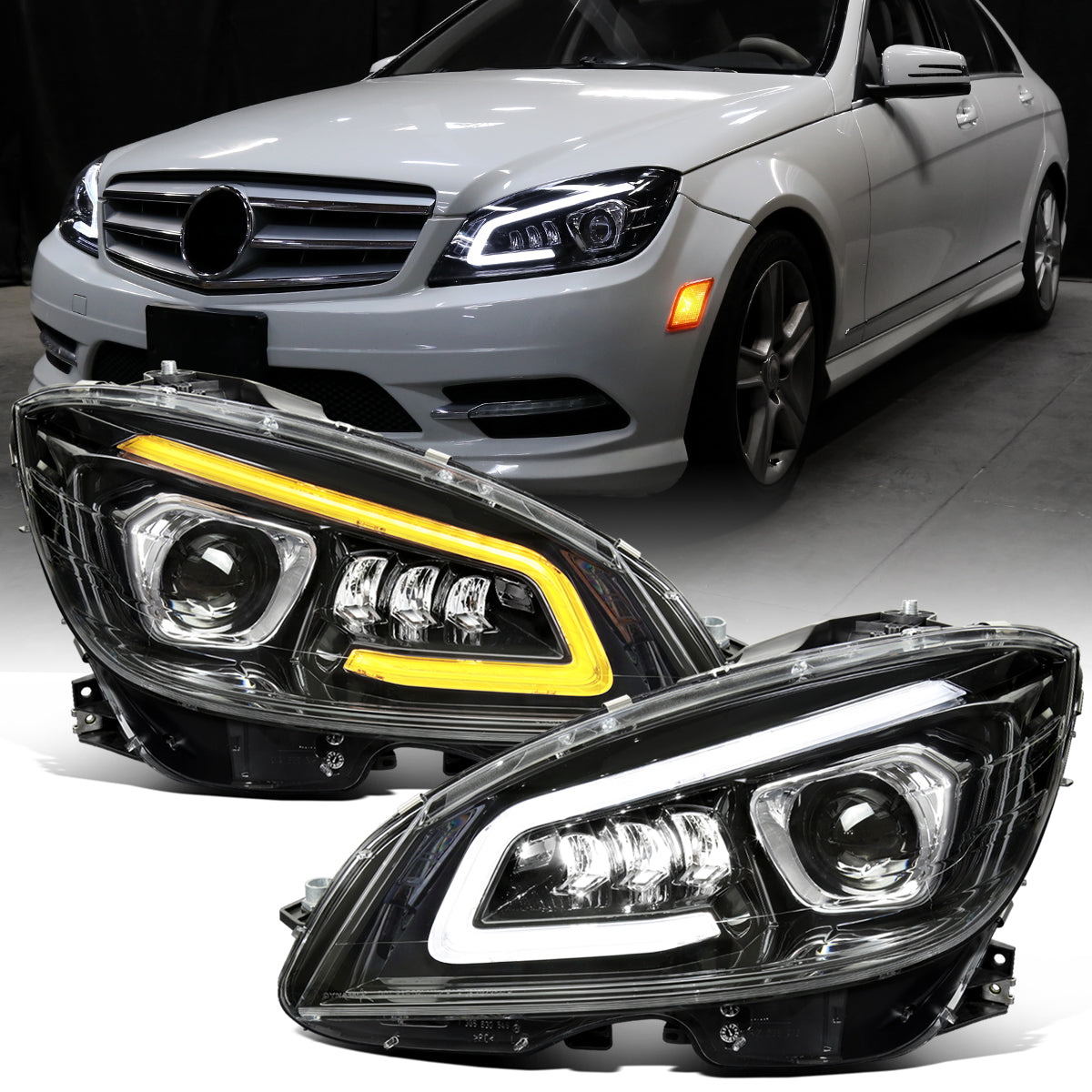 Ronnin - Fits 2008-2011 Mercedes Benz W204 C-Class Full LED Projector Headlights Sequential Signal + Animated Startup Effect Replacement Pair | Glossy Black