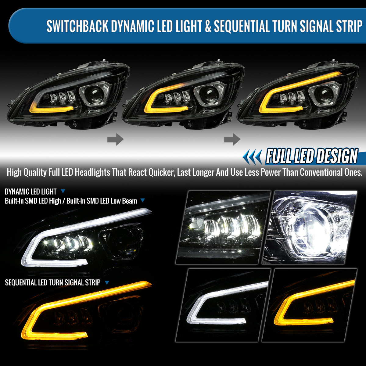 Ronnin - Fits 2008-2011 Mercedes Benz W204 C-Class Full LED Projector Headlights Sequential Signal + Animated Startup Effect Assembly Pair | Black Smoke