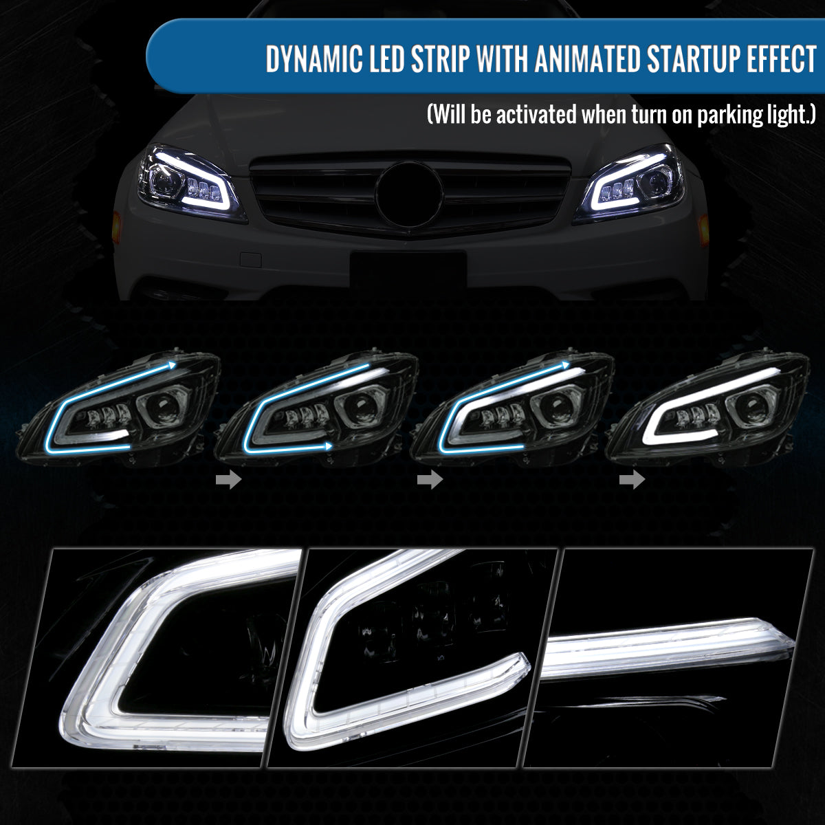 Ronnin - Fits 2008-2011 Mercedes Benz W204 C-Class Full LED Projector Headlights Sequential Signal + Animated Startup Effect Assembly Pair | Black Smoke
