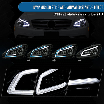 Ronnin - Fits 2008-2011 Mercedes Benz W204 C-Class Full LED Projector Headlights Sequential Signal + Animated Startup Effect Assembly Pair | Black Smoke
