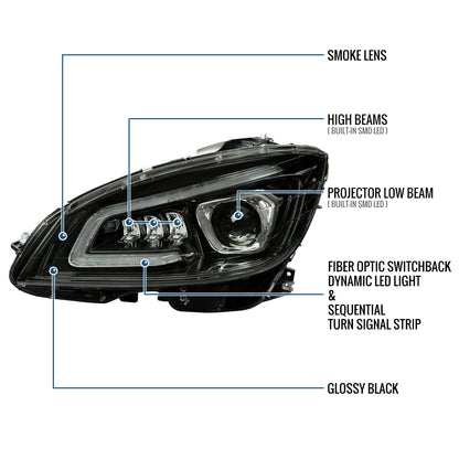 Ronnin - Fits 2008-2011 Mercedes Benz W204 C-Class Full LED Projector Headlights Sequential Signal + Animated Startup Effect Assembly Pair | Black Smoke