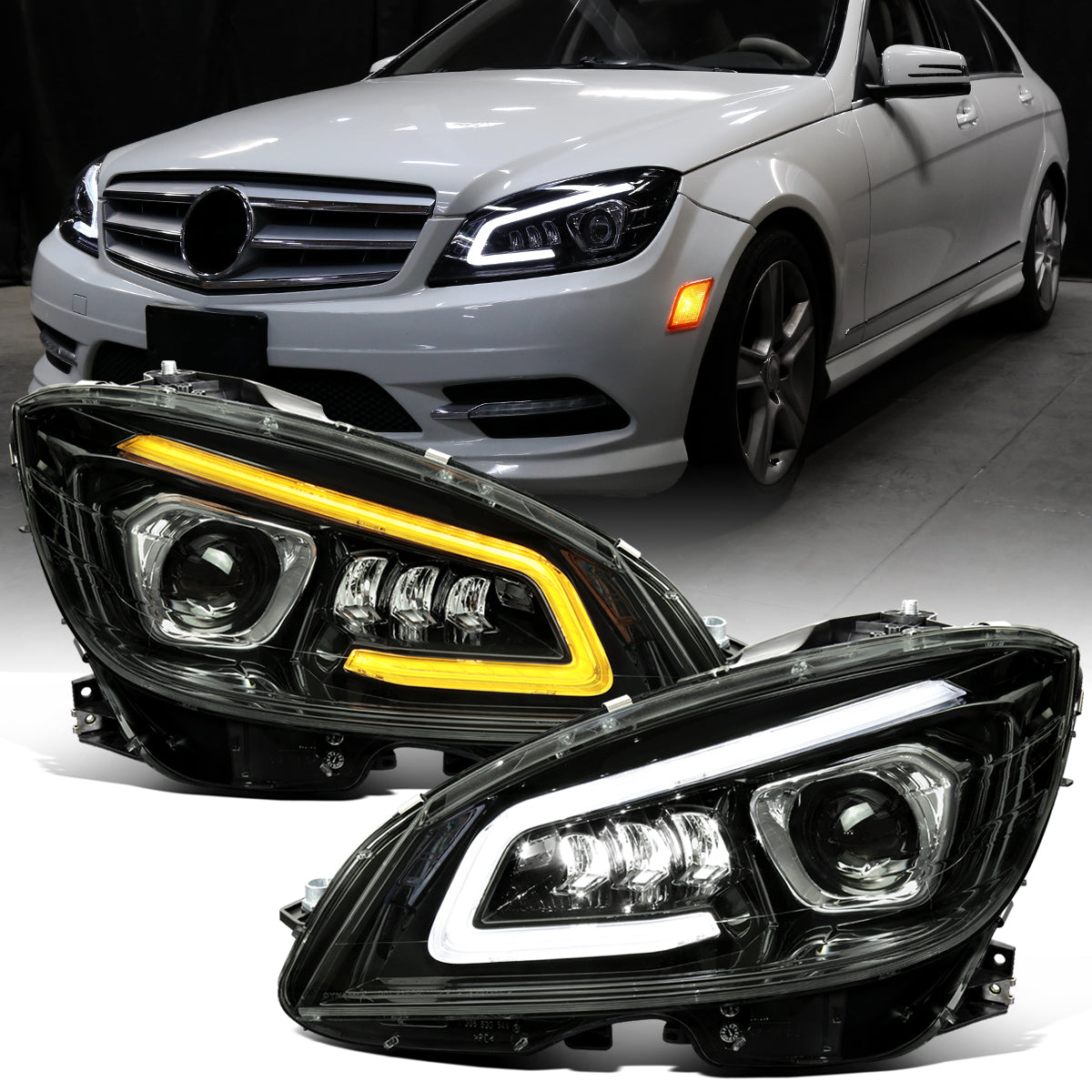Ronnin - Fits 2008-2011 Mercedes Benz W204 C-Class Full LED Projector Headlights Sequential Signal + Animated Startup Effect Assembly Pair | Black Smoke