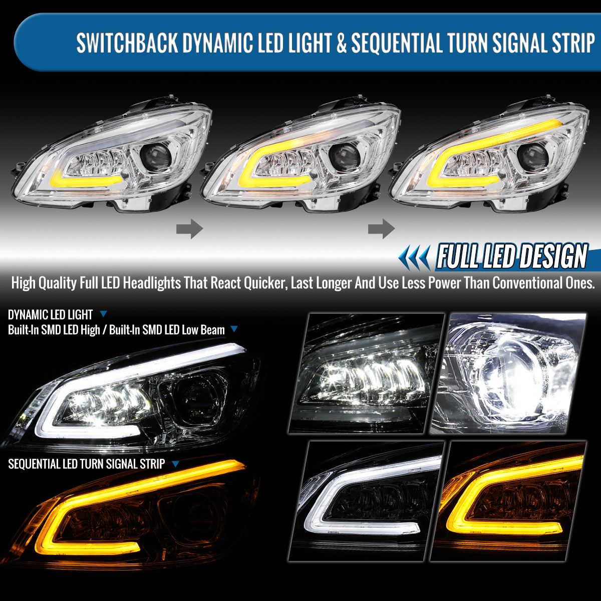 Ronnin - Fits 2008-2011 Mercedes Benz W204 C-Class Full LED Projector Headlights Sequential Signal + Animated Startup Effect Assembly Pair | Chrome