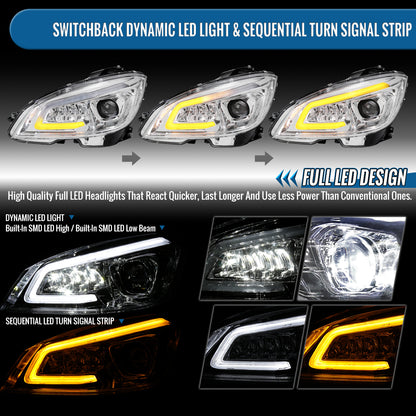 Ronnin - Fits 2008-2011 Mercedes Benz W204 C-Class Full LED Projector Headlights Sequential Signal + Animated Startup Effect Assembly Pair | Chrome