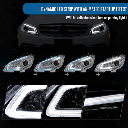 Ronnin - Fits 2008-2011 Mercedes Benz W204 C-Class Full LED Projector Headlights Sequential Signal + Animated Startup Effect Assembly Pair | Chrome
