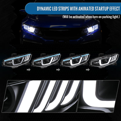 2016-2021 Honda Civic Full LED Upgrade Replacement For Halogen Type Projector Headlights Switchback Sequential Turn Signals + Animated Startup Assembly Pair | Black