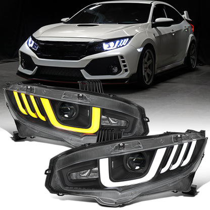 Ronnin - Fits 2016-2021 Honda Civic Full LED Upgrade Replacement For Halogen Type Projector Headlights Switchback Sequential Turn Signals + Animated Startup Assembly Pair | Black
