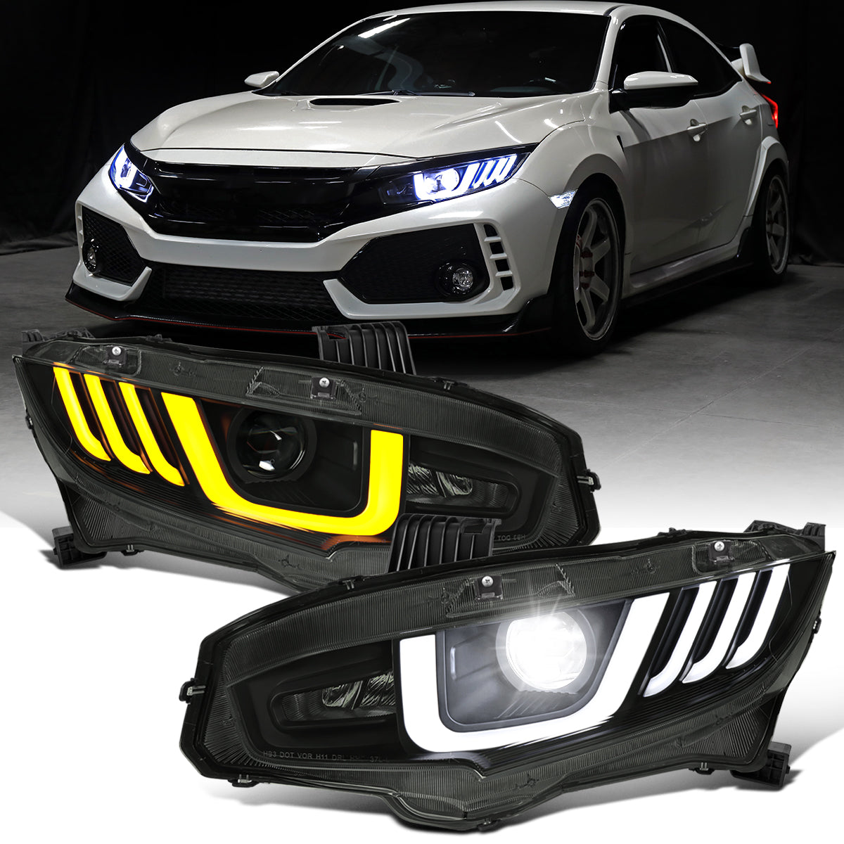 Ronnin - Fits 2016-2021 Honda Civic Full LED Upgrade Replacement For Halogen Type Projector Headlights Switchback Sequential Turn Signals + Animated Startup Assembly Pair | Black Smoke