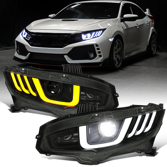 Ronnin - Fits 2016-2021 Honda Civic Full LED Upgrade Replacement For Halogen Type Projector Headlights Switchback Sequential Turn Signals + Animated Startup Assembly Pair | Black Smoke