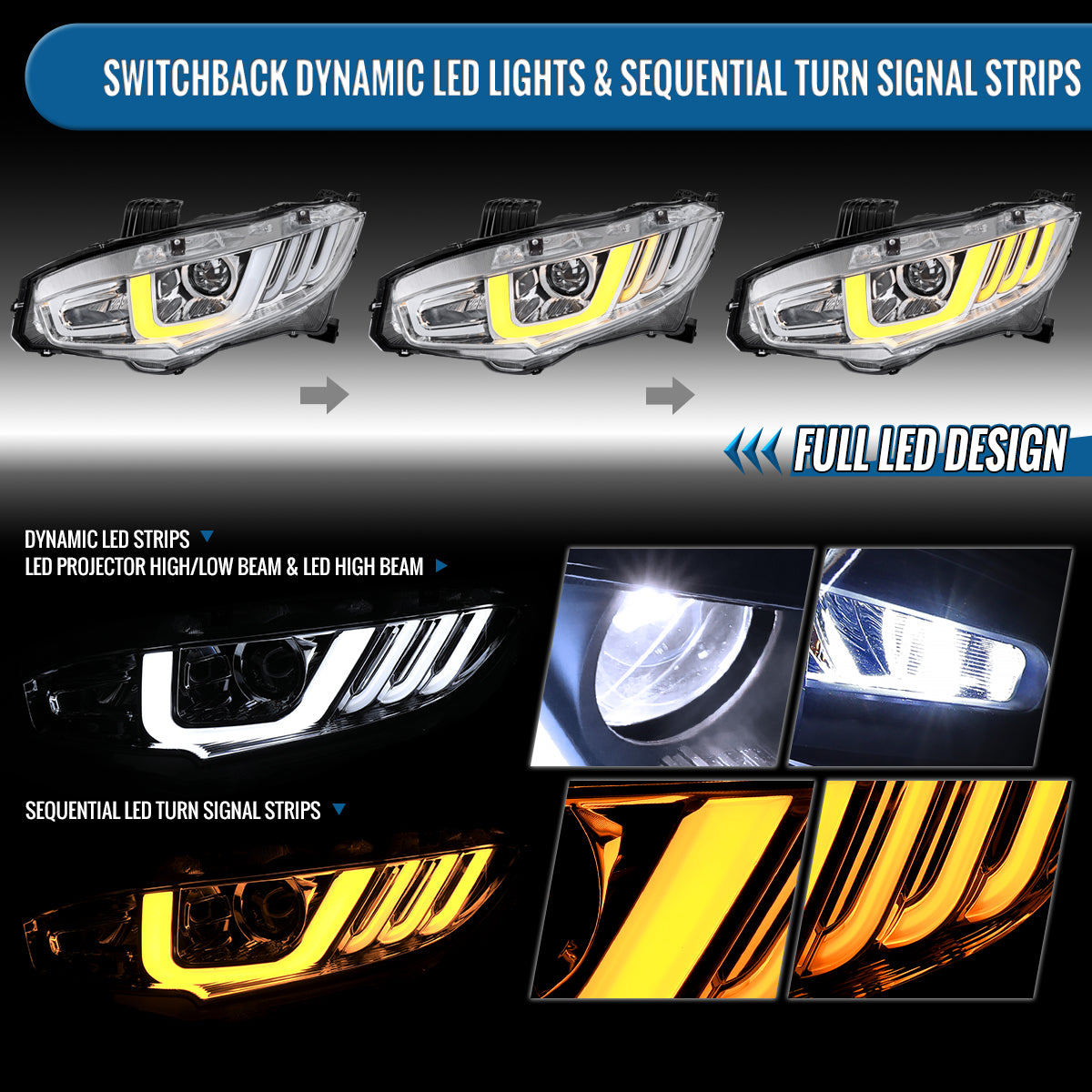 Ronnin - Fits 2016-2021 Honda Civic Full LED Upgrade Replacement For Halogen Type Projector Headlights Switchback Sequential Turn Signals + Animated Startup Assembly Pair | Chrome