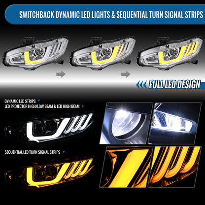 Ronnin - Fits 2016-2021 Honda Civic Full LED Upgrade Replacement For Halogen Type Projector Headlights Switchback Sequential Turn Signals + Animated Startup Assembly Pair | Chrome