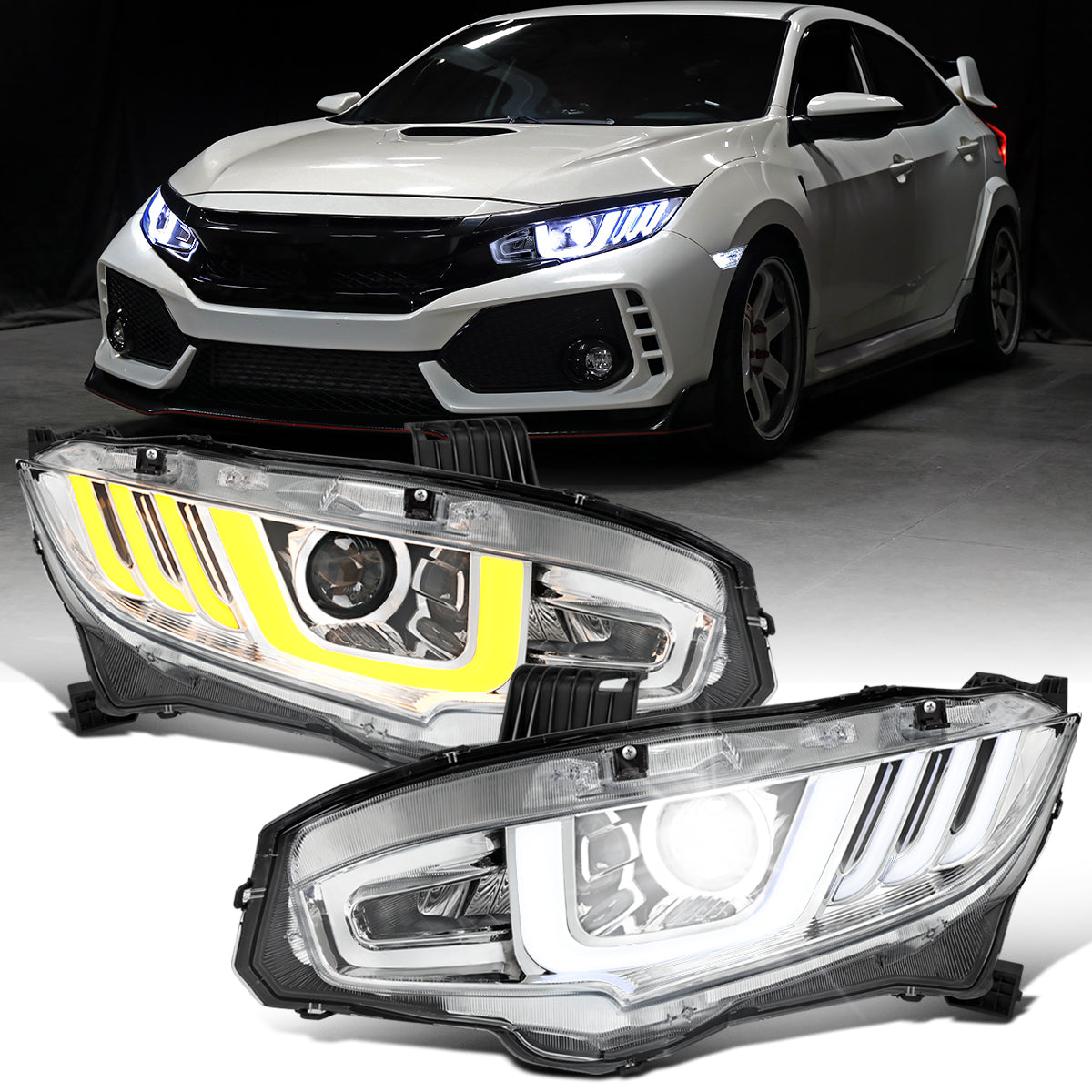 Ronnin - Fits 2016-2021 Honda Civic Full LED Upgrade Replacement For Halogen Type Projector Headlights Switchback Sequential Turn Signals + Animated Startup Assembly Pair | Chrome