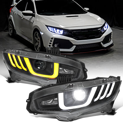 Ronnin - Fits 2016-2021 Honda Civic Full LED Upgrade Replacement For LED Type Projector Headlights Switchback Sequential Turn Signals + Animated Startup Assembly Pair | Black
