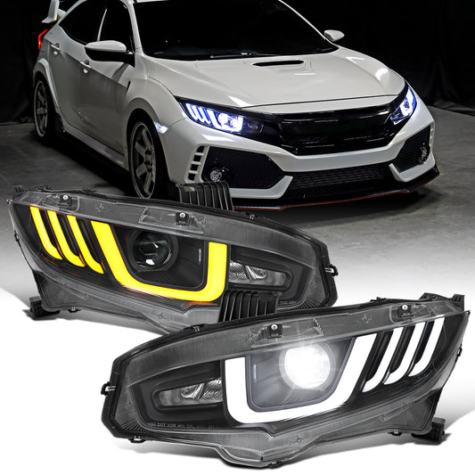 Ronnin - Fits 2016-2021 Honda Civic Full LED Upgrade Replacement For LED Type Projector Headlights Switchback Sequential Turn Signals + Animated Startup Assembly Pair | Black