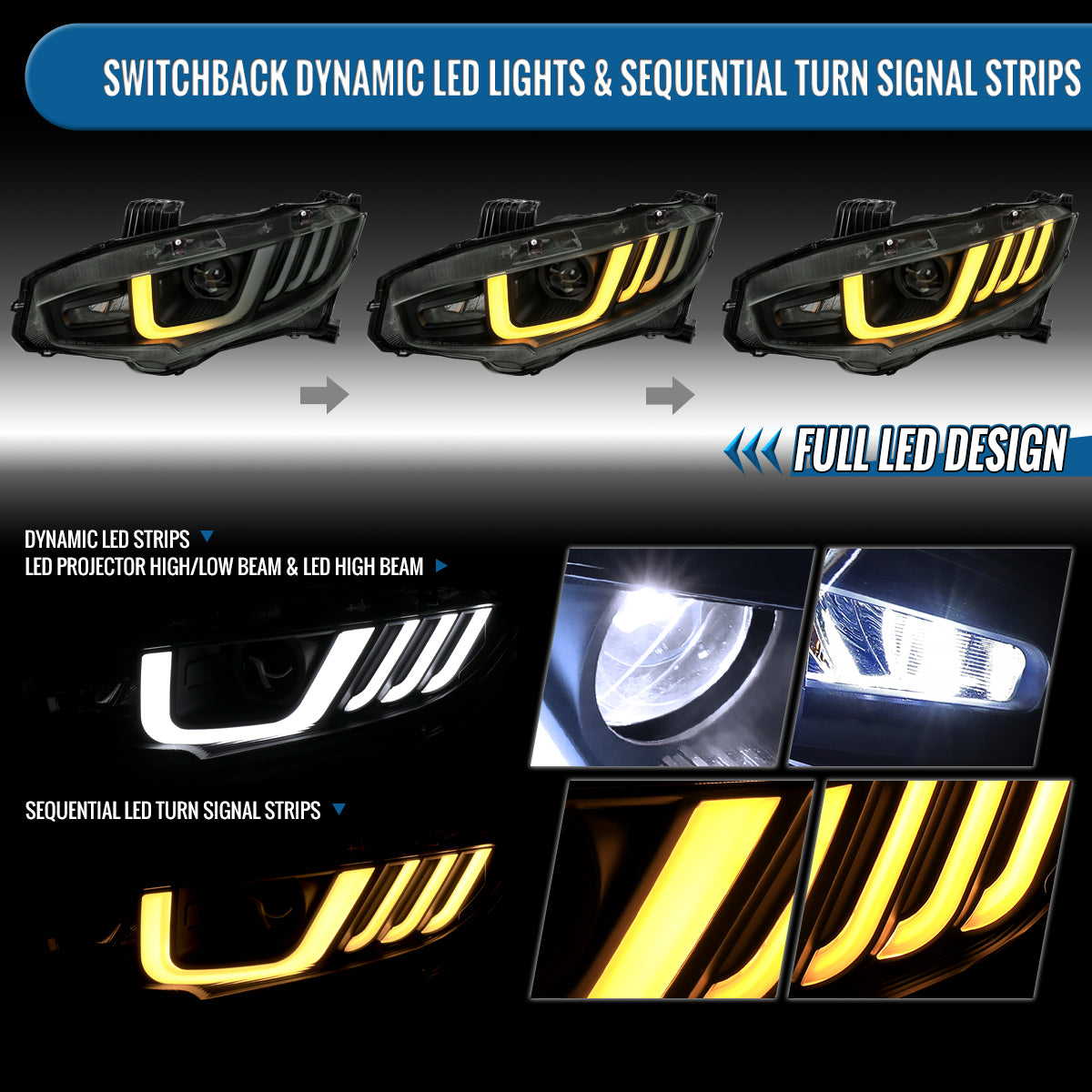 Ronnin - Fits 2016-2021 Honda Civic Full LED Upgrade Replacement For LED Type Projector Headlights Switchback Sequential Turn Signals + Animated Startup Assembly Pair | Black Smoke