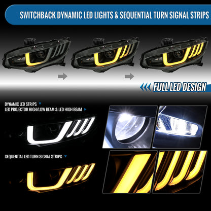 Ronnin - Fits 2016-2021 Honda Civic Full LED Upgrade Replacement For LED Type Projector Headlights Switchback Sequential Turn Signals + Animated Startup Assembly Pair | Black Smoke