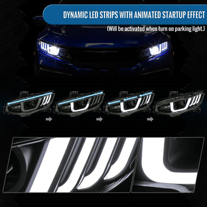 Ronnin - Fits 2016-2021 Honda Civic Full LED Upgrade Replacement For LED Type Projector Headlights Switchback Sequential Turn Signals + Animated Startup Assembly Pair | Black Smoke