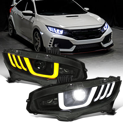 Ronnin - Fits 2016-2021 Honda Civic Full LED Upgrade Replacement For LED Type Projector Headlights Switchback Sequential Turn Signals + Animated Startup Assembly Pair | Black Smoke