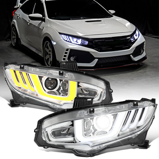 Ronnin - Fits 2016-2021 Honda Civic Full LED Upgrade Replacement For LED Type Projector Headlights Switchback Sequential Turn Signals + Animated Startup Assembly Pair | Chrome