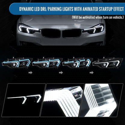 2012-2015 BMW F30 3 Series Sedan 328i 335i 320i Full LED DRL Tube Dual Projector LED Headlights Switchback Sequential Signal + Animated Startup Pair | Black Eyelid Black