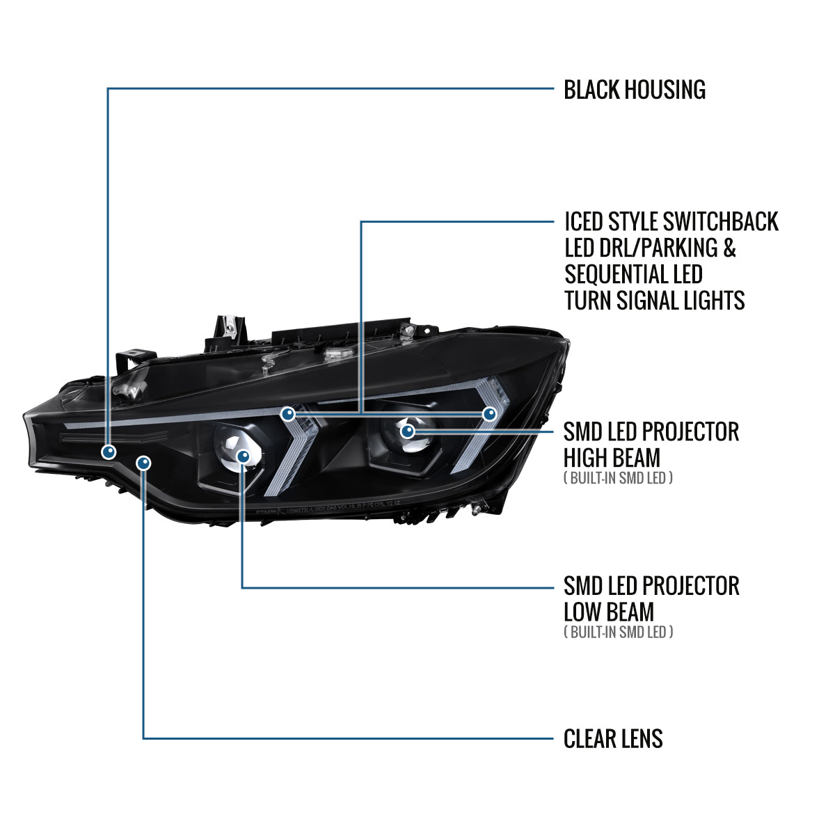 2012-2015 BMW F30 3 Series Sedan 328i 335i 320i Full LED DRL Tube Dual Projector LED Headlights Switchback Sequential Signal + Animated Startup Pair | Black Eyelid Black